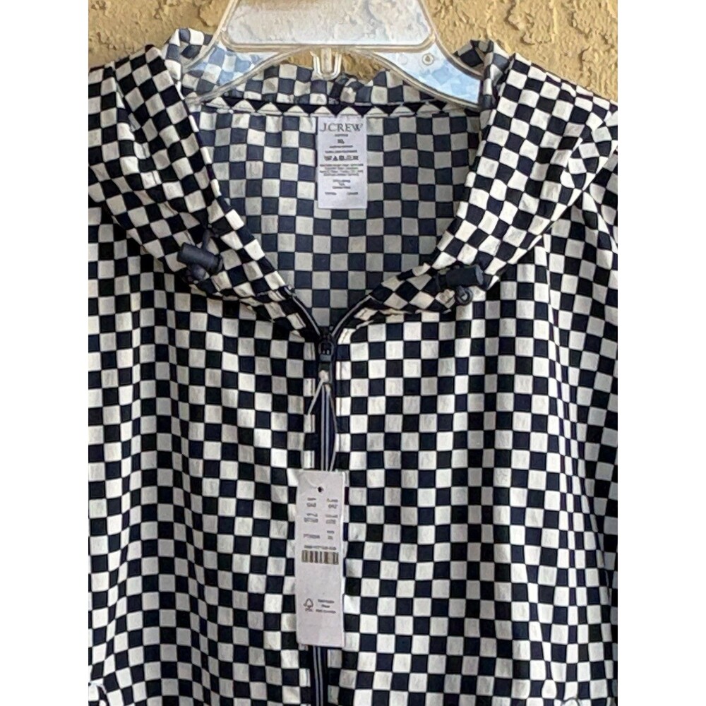 J. Crew NWT Navy White Anorak XL Checkerboard Active Woman Hooded Zipper Jacket - Picture 6 of 13